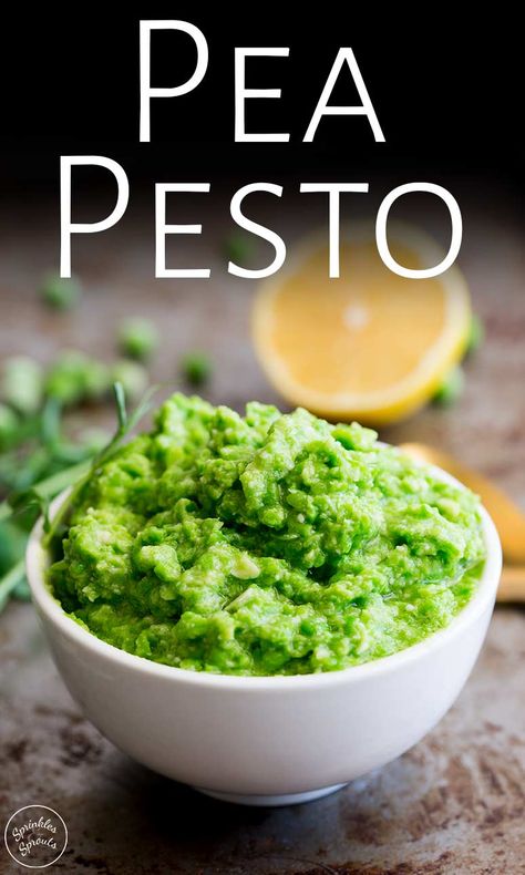 This Healthy Pea Pesto recipe is a twist on a classic; peas replace the traditional basil giving this pesto a wonderful fresh spring flavor. There are no nuts in this pesto, plus it is ready in under five minutes! So easy, fresh and creamy yet healthy, this pesto sauce is perfect for topping pasta, chicken, or serving as a dip or topping for Crostini or Bruschetta. Pea Pesto Crostini, Pea Bruschetta, Pesto Ideas, Lake Meals, Healthy Pesto, Creamy Peas, Pea Pesto, Pasta Chicken, Pea Recipes