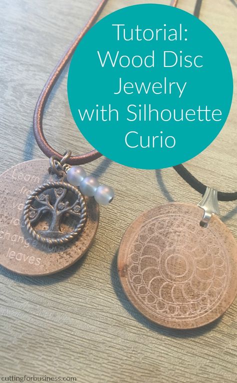 Tutorial: Wooden Disc Jewelry with Silhouette Curio by cuttingforbusiness.com. Disc Crafts, Silhouette Curio Projects, Disc Jewelry, Wooden Craft Ideas, Silhouette Jewelry, Silhouette Cameo Ideas, Silhouette Curio, Silhouette Diy, Silhouette Tutorials