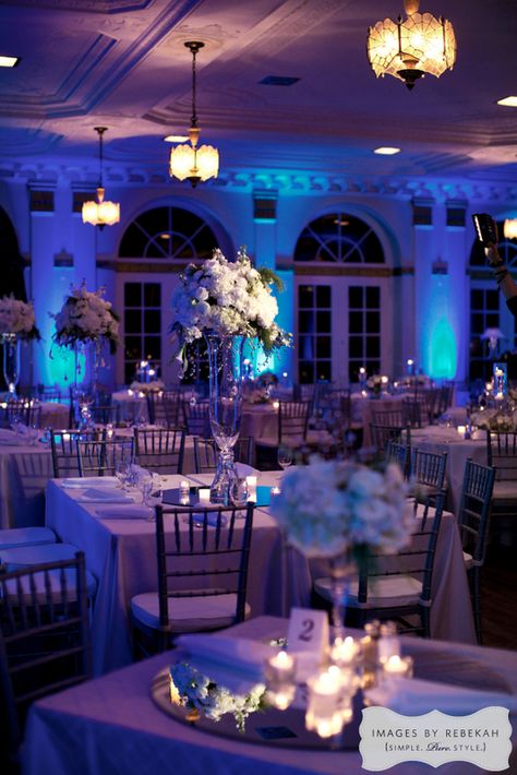 21-Winter Wedding, Blue and White Wedding, YWCA Ft. Worth Wedding Blue Purple Wedding, Purple Reception, Blue Wedding Receptions, Purple Wedding Centerpieces, Blue Wedding Centerpieces, Blue Winter Wedding, Wedding Reception Lighting, Quinceanera Decorations, Quinceanera Themes