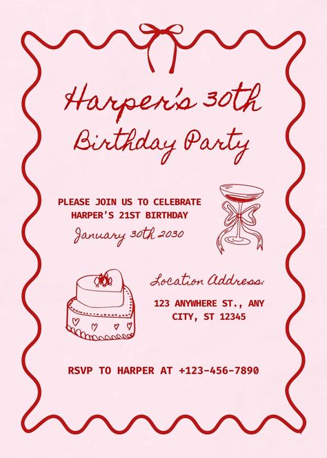 Templates 30th Invitation Ideas, 30s Birthday Cake, Birthday Invitations Aesthetic, 30 Birthday Invitation, 30th Birthday Invite, Honey Design, 28th Birthday, 30th Bday, 30th Birthday Invitations