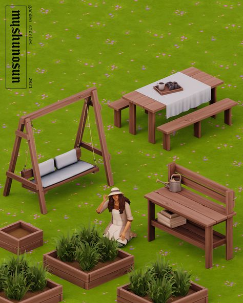 🌾 GARDEN STORIES // 7 items | myshunosun en Patreon Sims 4 Yard Cc, Sims 4 Pack, The Sims 4 Pack, Sims4 House, Sims 4 Cottage, Mods Sims 4, Furniture Cc, Mod Furniture, Sims Packs