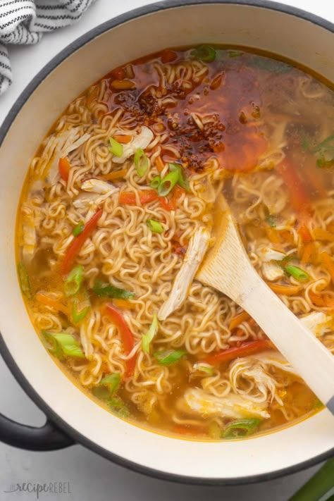 Ramen Noodle Soup is made with instant ramen noodles and tender shredded chicken cooked in chicken broth, seasoned with fresh garlic, ginger, and chili flakes! It's packed with a ton of flavor that will have you coming back for more. #soup #dinner #recipe | soup recipe | ramen recipe | ramen noodles | chicken ramen | chicken noodle soup | asian chicken soup | comfort food | easy dinner recipes Ramen Chicken Noodle Soup, Ramen Noodles Chicken, Healthy Ramen Noodle Recipes, Asian Chicken Soup, Food For Athletes, Food Easy Dinner, Chicken Ramen Noodle Recipes, Ramen Noodle Recipes Soup, Soup Pressure Cooker