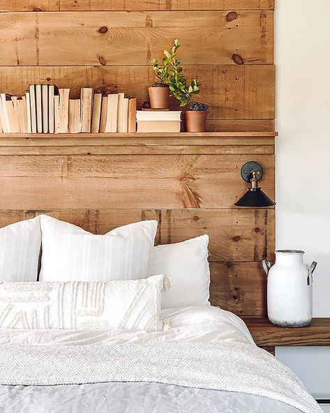 Headboard With Lamps, Bedroom Bookshelf, Bookshelf Headboard, Wooden Bookshelf, Farmhouse Room, Simple Farmhouse, Bookcase Headboard, Farmhouse Master, Wooden Bookcase