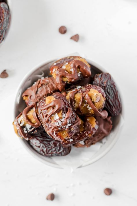 Stuffed Dates Recipe with Cookie Dough (gluten free) - Brae's Bites Gut Protocol Dessert, Stuffed Medjool Date Recipes, Recipe With Cookie Dough, Cookie Dough Gluten Free, Easy Healthy Food Recipes, Dates Stuffed, Gut Protocol, I Lost 100 Pounds, Homemade Cookie Dough