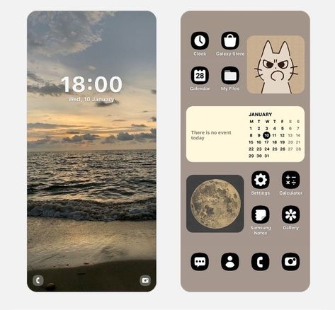 Samsung Setup Homescreen, Aesthetic Phone Layout Android, Phone Aesthetic Android, Android Homescreen Layout Ideas, Phone Layout Ideas Android, Homescreen Layout Android, Samsung Setup, Android Phone Layout, Samsung Aesthetic Homescreen