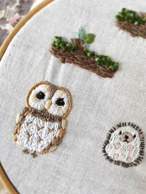 Embroidery Animals Easy, Embroidered Animals Simple, Embroidery Owl, Embroidery Woodland Animals, Embroidery Forest Animals, Woodland Creature Embroidery, Embroidery Owl Designs, Embroidered Owl, Simple Owl Embroidery Pattern