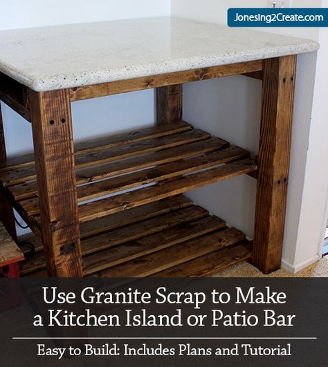 Can't believe this cost only $35 to make and it is so easy! Kitchen Island Plans. Easy Kitchen Island, Granite Furniture, Granite Remnants, Recycled Granite, Granite Installation, Backsplash For White Cabinets, Kitchen Boho, Granite Table, Kitchen Island Plans