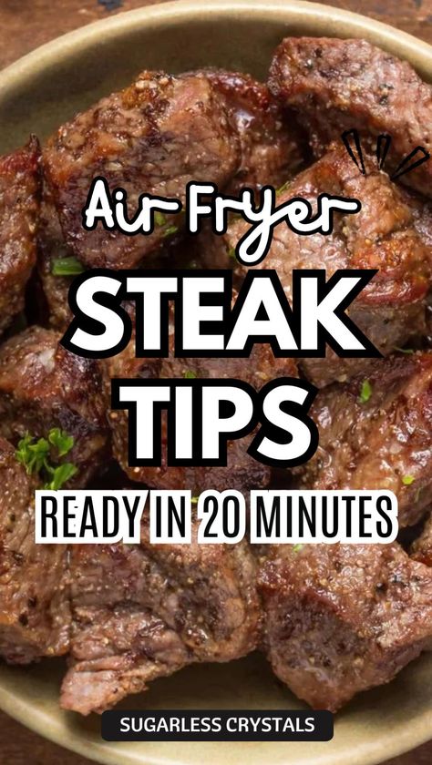 Looking for a quick and delicious dinner? These Juicy Air Fryer Steak Tips are here to save the day! In just 20 minutes, you'll have scrumptious, tender steak dripping in mouthwatering flavor. No more waiting for the perfect steak - the air fryer brings it all together! Beef Sirloin Tip Steak Recipes Air Fryer, Air Fryer Steak Cooking Times, Steak Air Fryer Times, Air Fryer Steak Tips, Medium Well Steak In Air Fryer, Grilled Steak Dinner, Best Grilled Steak, Sirloin Tip Steak, The Perfect Steak