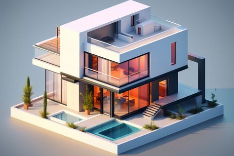 Free Photo | 3d house model with modern architecture 3d Building Design, 3d House, Architecture Model House, 3d Architecture, Level Design, Home Building Design, Space Station, Sustainable Home, Modern Buildings