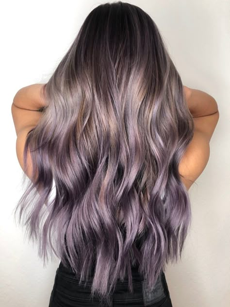 Metallic lavender ombre long hair by Moly at Stocks and Blondes in Mountain View, CA. #lavender #ombre #ashlavender #metallicpurple Lavender Hair Bayalage, Bright Color Ombre Hair, Dark Blonde Lavender Hair, Lavender Hair On Dark Hair, Smokey Lilac Hair Balayage, Lavender And Blonde Highlights, Mauve Ombre Hair, Color Melt Purple, Lavender Lowlights Brunette