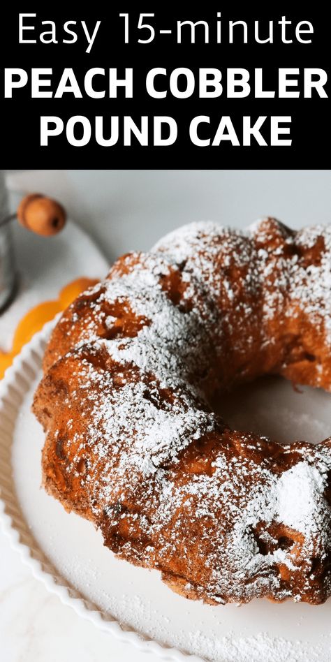 This peach cobbler pound cake combines pound cake with cobbler, also adding fresh peaches for a simple yet impressive dessert. Peach Cobbler Pound Cake Recipe, Peach Pound Cake, Peach Cobbler Pound Cake, Fast Easy Desserts, Homemade Peach Cobbler, Peach Pound Cakes, Easy Peach Cobbler, Impressive Dessert, Desserts With Few Ingredients