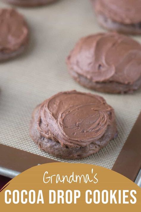 Cocoa Drops are a chocolate lover's dream cookie! They cookies are soft and cake-like with a fudge icing. #chocolatecookierecipe #cocoadropcookies Easy Chocolate Drop Cookies, Cocoa Drop Cookies, Chocolate Cookies With Icing, Chocolate Jumbos, Cookies With Chocolate Frosting, Easy Chocolate Cookies, Buttermilk Cookies, Biscotti Recipes, Fudge Icing