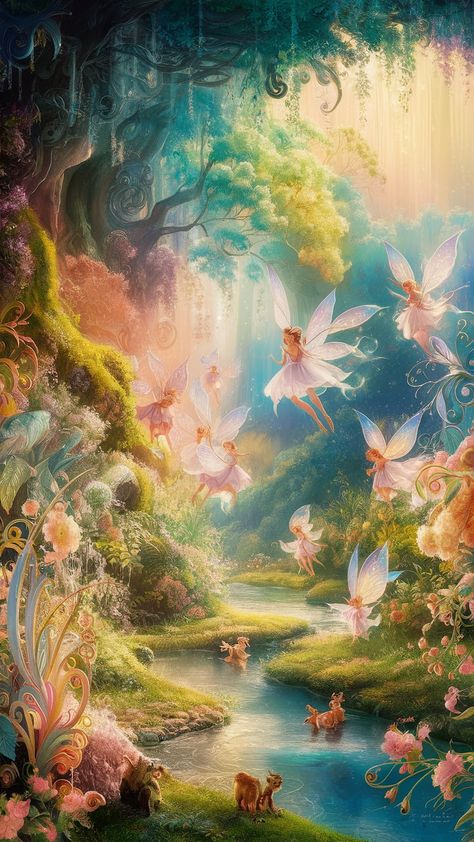 Immerse yourself in a whimsical fairy tale scene featuring vibrant colors and magical fairies dancing in a mystical forest. This enchanting wallpaper captures the beauty of nature with Impressionist hues and Art Nouveau floral patterns, complemented by surreal details. Perfect for lovers of fantasy, nature, and art, it invites you to explore a dreamlike realm of wonder and nostalgia. Enchanted Fairy, Fairy Screensaver, Fairy Garden Wallpaper Aesthetic, Flower Fairy Wallpaper, Fairy Land Background, Art Nouveau Floral Pattern, Fairy Land Magical Forest Wallpaper, Fairy Tale Forest, Fairies Dancing