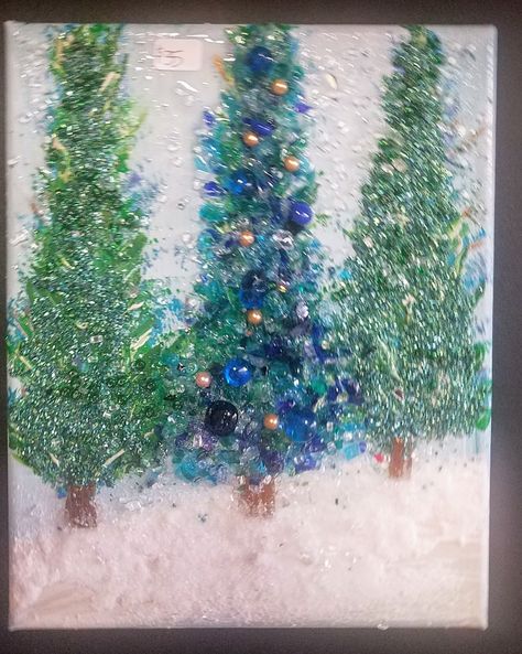 Crushed Glass Tree, Christmas Crushed Glass Art, Shattered Art, Shattered Glass Art, Glass And Resin Christmas Tree, Glass Resin Art, Shard Art, Crushed Glass Mermaid, Glass Resin Art Cross