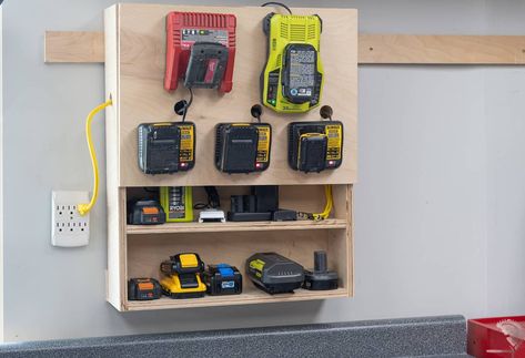 Garage Storage Bins, Battery Charging Station, Power Tool Storage, Batteries Diy, Power Tool Batteries, Camera Batteries, Battery Storage, Cord Organization, Garage Organization