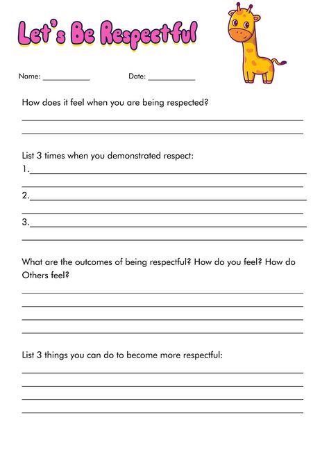 Respect Worksheets Printables, Respect Worksheets For Kids, Respect Worksheet, Respect Activities, Class Worksheets, Counseling Tips, Self Esteem Worksheets, Self Esteem Activities, Feelings Activities