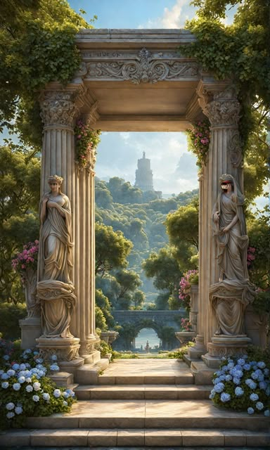 Greek Garden Aesthetic, Fantasy Entrance, Classic Architecture, Fantasy City, Fantasy House, Fantasy Castle, Fantasy Places, Painting Wallpaper, Grand Entrance