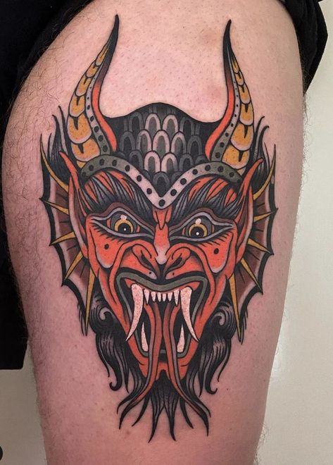 Small Traditional Tattoo, Fake Skin Tattoo, Front Neck Tattoo, Traditional Black Tattoo, Hannya Mask Tattoo, Devil Tattoo, Demon Tattoo, Elbow Tattoos, Original Tattoos