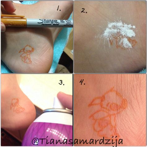 Perfect temporary tattoo:  1. Draw design on with sharpie 2. Cover with baby powder and rub into design 3. Spray with hairspray  4. Viola! Lasts 2-3 weeks!   Follow @Tiana Samardzija for more diys! Make Fake Tattoos, Cool Designs To Draw, Make Temporary Tattoo, Sagittarius Tattoo Designs, Homemade Tattoos, Henna Tattoos, Airbrush Tattoo, Tattoo Sticker, Stick N Poke