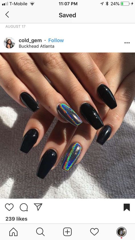 Holographic Nails Acrylic, Kylie Nails, Black Acrylic Nails, Edgy Nails, Colorful Nails, Grunge Nails, Simple Acrylic Nails, Acrylic Nails Coffin Short, Summer Acrylic Nails