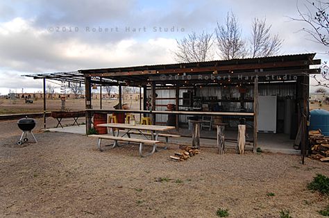 Another view of the outdoor community kitchen at El Cosmico. Bbq Shop, Communal Kitchen, Privacy Fence Designs, Sensory Garden, Backyard Entertaining, Outdoor Cafe, Bbq Pit, Beach Shack, Desert Homes