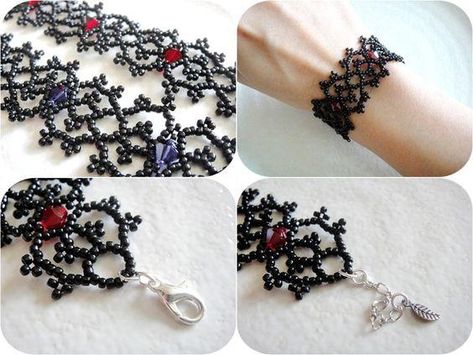 Goth style black seed bead bracelet Gothic Wedding Jewelry, Bracelet Gothic, Gothic Bracelet, Jewelry Gothic, Lace Bracelet, Victorian Lace, Beaded Bracelet Patterns, Gothic Wedding, Beaded Jewelry Patterns