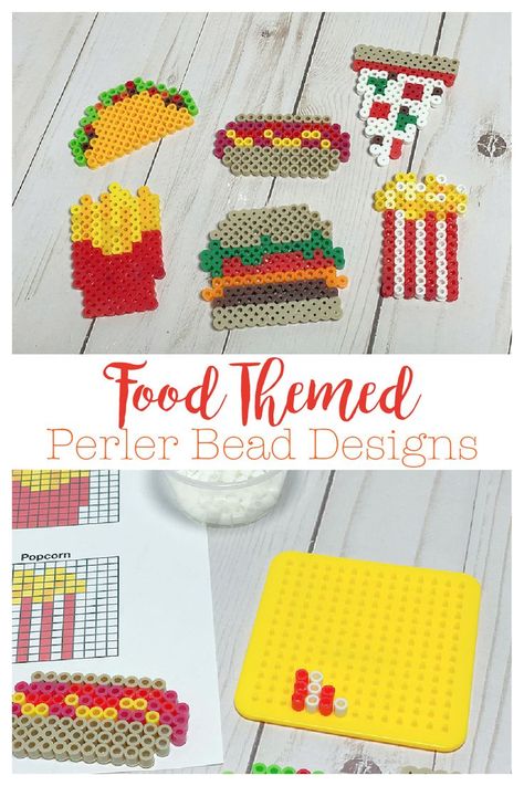 6 food themed Perler Bead/fuse bead designs includinf a taco, hamburger, hot dog, french fries, pizza, and popcorn. Taco Hamburger, Perler Bead Designs, Pony Bead Projects, Melty Bead Patterns, Easy Perler Beads Ideas, Perler Art, Diy Perler Bead Crafts, Kids Crafting, Kandi Patterns