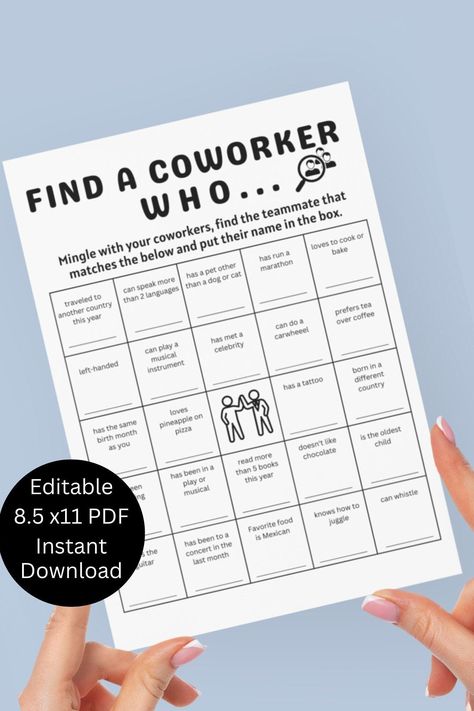 Printable Office Bingo game designed to connect coworkers in teams. Team Building For Nurses, January Office Activities, Work Bingo, Office Bingo, Church Ladies Tea Party, Find Someone Who Bingo, Team Building Activities For Coworkers, Team Building Icebreakers, Digital Business Ideas