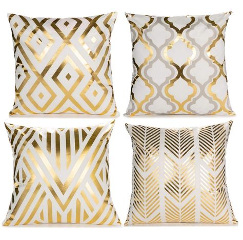 Gold Pillow Covers, Cream Throw Pillows, Hiasan Bilik Tidur, Soft Throw Pillows, White Decorative Pillows, Geometric Pillow Covers, Decorative Set, Geometric Cushions, Gold Bedroom