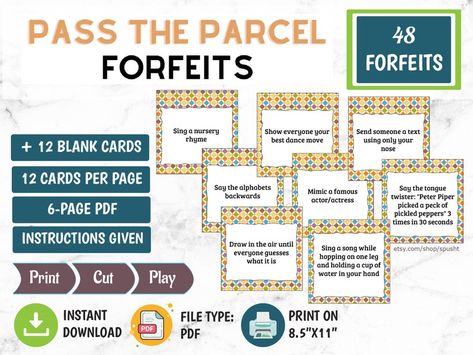 Pass the Parcel Forfeits Birthday Game for Adults & Kids | Etsy Family Game Night Ideas, Pass The Parcel Game, Game Night Ideas, Pass The Parcel, Birthday Games For Adults, Group Games For Kids, Birthday Party Game, New Year's Games, Reunion Games