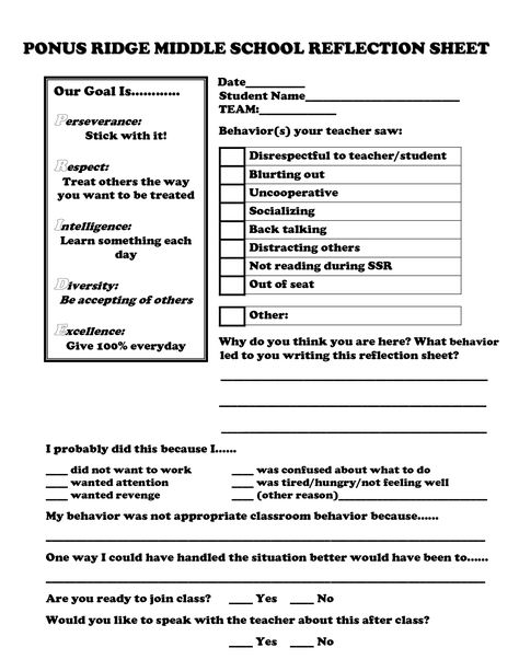 school reflection sheet ponus ridge middle school reflection sheet ... Student Behavior Contract, School Suspension, Middle School Behavior, Class Goals, Behavior Reflection Sheet, In School Suspension, Reflection Sheet, Behavior Contract, Restorative Practices