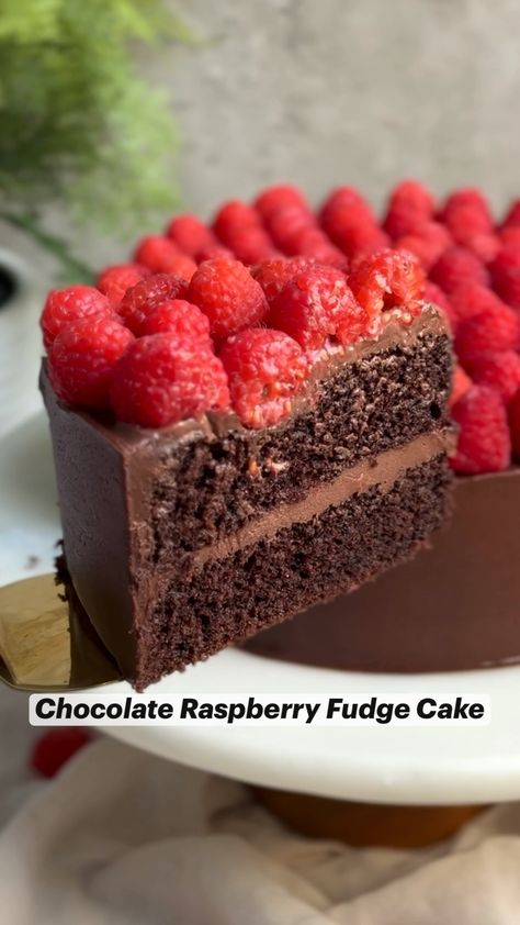 Make the ultimate chocolate raspberry fudge cake with this easy homemade recipe. With layers of moist chocolate sponge cake, a smooth ganache filling, and fresh raspberries on top, this cake is a dream for any chocolate lover. Perfect for birthdays, christmas, or special occasions, it's an elegant yet simple dessert idea. Find the full recipe at bakewithzoha.com. Mini Desserts Cups, Chocolate Raspberry Fudge, Desserts Cups, Raspberry Fudge, Yummy Candy, Chocolate Cake From Scratch, Cookies No Bake, Ganache Filling, Best Chocolate Desserts