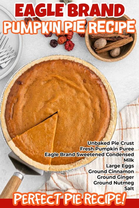 If you are looking for the perfect pumpkin pie recipe, make this Eagle Brand Pumpkin Pie. It is the perfect pie to make this Thanksgiving. This delicious and simple ingredient pie is just what you need to make this holiday season. The creamy custard pumpkin pie filling makes it a family favorite. #eatingonadime #eaglebrandpumpkinpie #pumpkinpie Eagle Brand Pie, Eagle Brand Pumpkin Pie, Pumpkin Pie Ingredients, Best Pumpkin Pie Recipe, Perfect Pumpkin Pie, Pie Filling Recipes, Pumpkin Recipes Easy, Best Pumpkin Pie, Pumpkin Pie Recipe