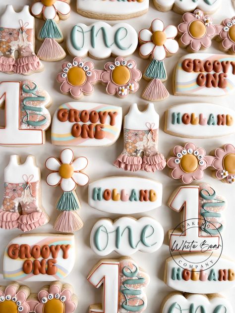 Retro Birthday Cookies, Groovy One First Birthday Cookies, One Year Old Birthday Cookies, Groovy One Cookies, One Birthday Cookies, Baby Birthday Cookies, Groovy Cookies, Retro Cookies, Coachella Party Theme