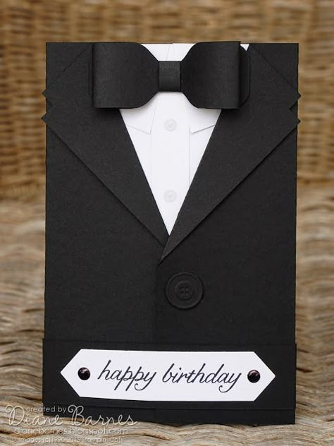 masculine suit - tuxedo birthday - fathers day card with tutorial - instructions using Stampin' Up supplies. By Di Barnes #colourmehappy #stampinup #makesomething Tuxedo Card, Suit Card, Mens Cards, Men's Cards, Birthday Cards For Boyfriend, Masculine Birthday Cards, Cards For Boyfriend, Creative Class, Cards For Men