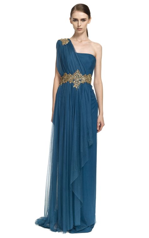 One-Shoulder Georgette Gown With Tulle Overlay by Marchesa for Preorder on Moda Operandi Roman Style Dresses, Greek Style Dress, Roman Dress, Greek Dress, Goddess Costume, Formal Dress Shops, Goddess Dress, Roman Fashion, فستان سهرة