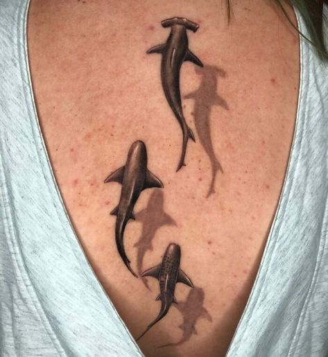 Elfish Spine Tattoo Ocean Spine Tattoo Ideas, Ocean Spine Tattoos For Women, Marine Biology Tattoo, Shark Back Tattoo, Shark Spine Tattoo, Cute Shark Tattoo, Ocean Spine Tattoo, Sharks Tattoo, Snake Spine Tattoo