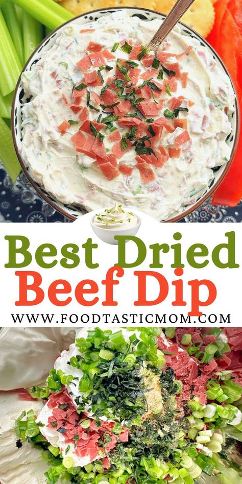 Dried Beef Dip is a classic appetizer made with simple ingredients. Serve this old-school recipe with butter cracker dippers or fresh veggies. via @foodtasticmom Dry Beef Dip, Bagel Dip Dried Beef, Meat Spreads For Crackers, Dried Beef Dip Recipes, Budding Beef Dip, Recipes With Dried Beef, Simple Tailgate Snacks, Beef Dip Recipe, Dip With Crackers