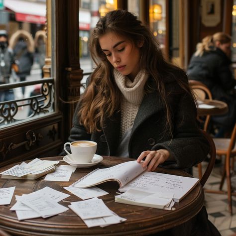 Studious Cafe Ambiance: Young woman engrossed in reading at a cozy cafe surrounded by papers and a warm drink. #woman #reading #cafe #coffee #papers #aiart #aiphoto #stockcake ⬇️ Download and 📝 Prompt 👉 https://ayr.app/l/ZxeS Reading At A Cafe, Coffee Shop Graduation Pictures, Sipping Coffee Pose, Woman Reading Book Photography, Girl Drinking Coffee Aesthetic, Reading In Coffee Shop, Reading In Cafe, Young Woman Aesthetic, Cafe Girl Aesthetic