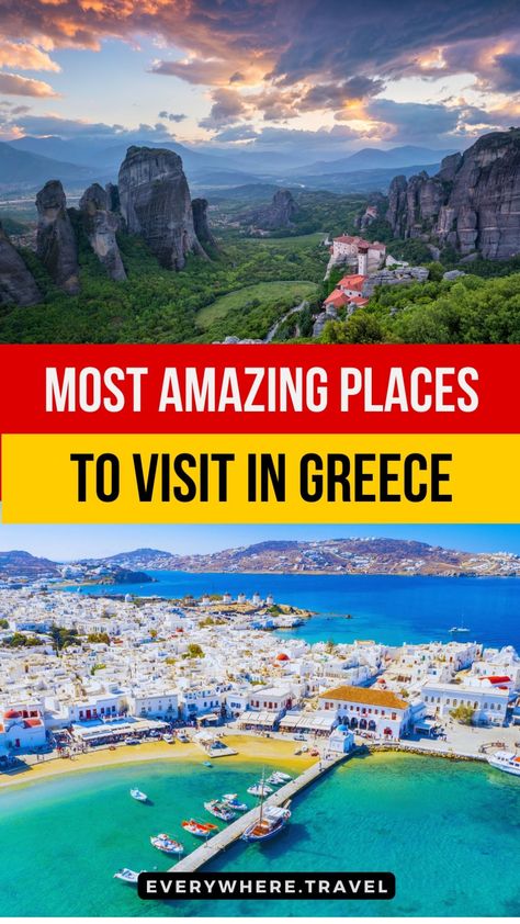 Scenic landscapes of Meteora and a vibrant coastal town in Greece with colorful buildings and boats. Best Of Greece, Bucket List Greece, Best Places To Travel In Greece, Best Places To Go In Greece, Greece Hikes, Athens Sightseeing, Greece Places To Visit, Traveling Greece, Greece Places