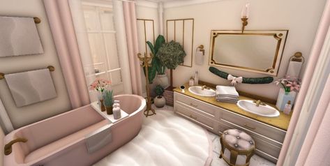 all that i post is built by me in bloxburg #bloxburg #coquette #bloxburgideas #blush credit to whoever for the mirror decal. Bloxburg Bedroom Ideas Big Room, Wall Decoration Bloxburg, Blush Bathroom Bloxburg, Pink Bathroom Bloxburg, Pink Bloxburg Bedroom Ideas, Pink Bloxburg Bathroom, Coquette Desk Bloxburg, Princess Room Bloxburg, Bloxburg Bedroom Ideas Coquette