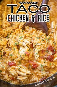 Slow Cooker Taco Chicken & Rice - Plain Chicken Taco Chicken And Rice, Slow Cooker Taco Chicken, Slow Cooker Chicken And Rice, Chicken And Rice Crockpot, Crockpot Mexican Chicken, Slow Cooker Taco, Taco Chicken, Taco Toppings, Chicken Taco Seasoning