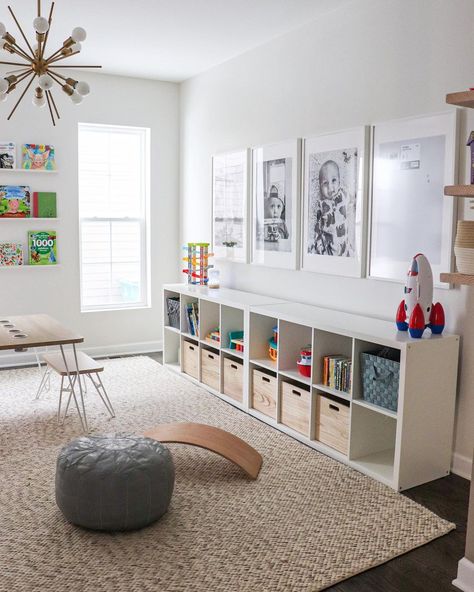 Bonus Room Toy Storage, Tv Console Playroom, White Oak Cube Storage, Loft Toy Room, Room Over Garage Playroom, Target Playroom Ideas, Kids Toyroom Storage, Kids Room With Storage, Bedroom To Playroom