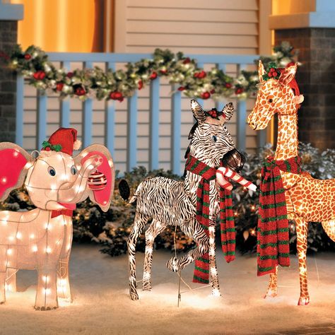 These outdoor Christmas decorations are totally cute and a little bit wild! Baby elephant, baby giraffe, and baby zebra are dressed for the holidays and come to life when lit up. Safari Christmas, Baby Zebra, Zebra Animal, Christmas Yard, Outdoor Tools, Diy Christmas Tree, Animal Decor, Safari Animals, Christmas Winter