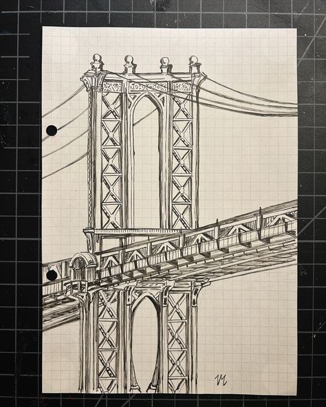 Detailed sketch of the manhattan bridge as seen from dumbo! enjoy! ✨🌉 — #artistsoninstagram #nycskyline #manhattan #manhattanbridge #illustrationartists #artistsoninstagram #illustrator #sketching #art #newyorkcity #nyc #nycartist #nyclocalartist New York Sketch Easy, Nyc Sketch, Nyc Drawing, Sketching Art, Nyc Artist, Manhattan Bridge, Nyc Art, Nyc Skyline, Sketches Easy