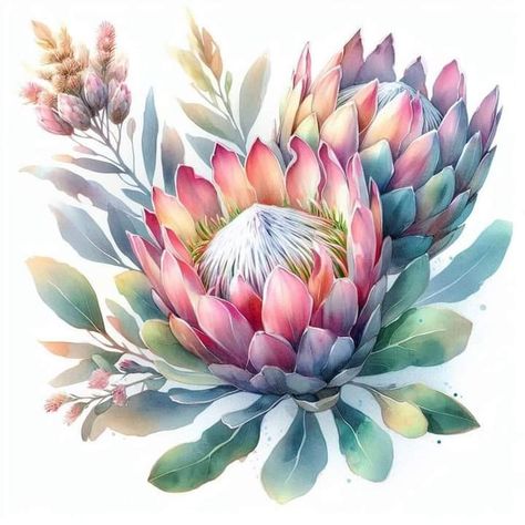 Fynbos Watercolour, Proteas Painting, Fynbos Illustration, Protea Flower Drawing, Protea Wallpaper, Minion Coloring Pages, Protea Art, Herb Art, Botanical Flower Art