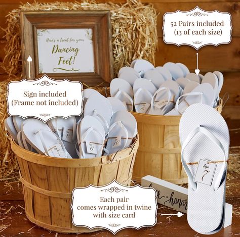 Elegant & wrapped for Special Events: Each pair tied with twine & size card to look more beautiful while matching any wedding or party décor theme. “Here’s A Treat For Your Dancing Feet” Sign Included: Display this cute and glossy cardstock sign at your reception to invite your guests to wear the bulk flip flops. Frame not included. unforgettable giftwithwholesale flip flops, perfect for pool or beach parties, vacation resorts, spas, birthdays, #affiliatelink Wedding Flip Flops For Guests, Flip Flop Sign, Bridal Flip Flops, Wedding Flip Flops, Favors Ideas, Gold Flip Flops, Dance Gifts, Beach Parties, Wedding Prep