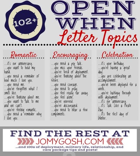 Love these open when letter topics! Makes my life easier for deployment Ldr Gifts For Him, Letter Topics, Open When Letters Topics, Deployment Care Packages, Open When Letters, Personal Gifts, Long Distance Love, Relationship Gifts, Cadeau Diy