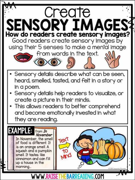 Anchor Chart for Creating Sensory Images Reading Comprehension Strategy Sensory Words Anchor Chart, Authors Craft, Tutoring Reading, Teaching Third Grade Reading, Visualizing And Verbalizing, Raise The Bar Reading, Sensory Language, Sensory Words, Teaching Reading Strategies