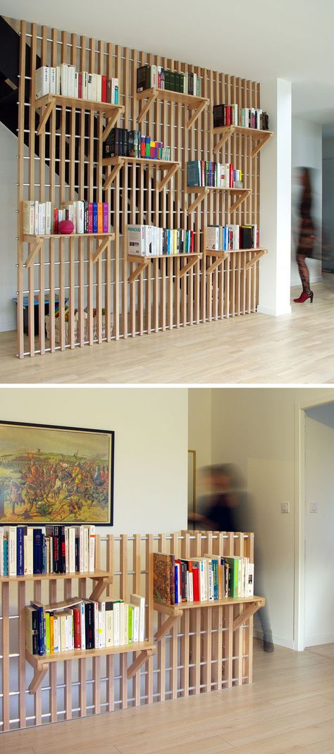 This Custom Designed Shelf System Is Used To Store Books And Act As A Guard Rail For The Staircase Shelf Railing, Staircase Bookshelf, Staircase Renovation, Diy Staircase, Guard Rail, Interior Staircase, Staircase Decor, Store Books, Shelf System